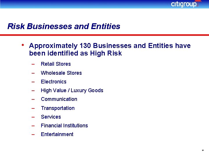 Risk Businesses and Entities • Approximately 130 Businesses and Entities have been identified as