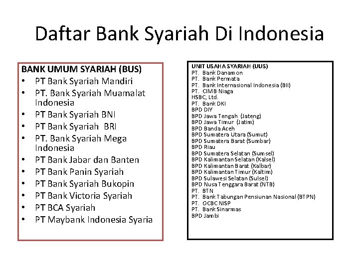 Daftar Bank Syariah Di Indonesia BANK UMUM SYARIAH (BUS) • PT Bank Syariah Mandiri