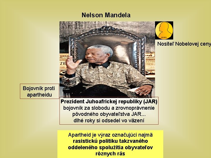 Nelson Mandela Nositeľ Nobelovej ceny Bojovník proti apartheidu Prezident Juhoafrickej republiky (JAR) bojovník za