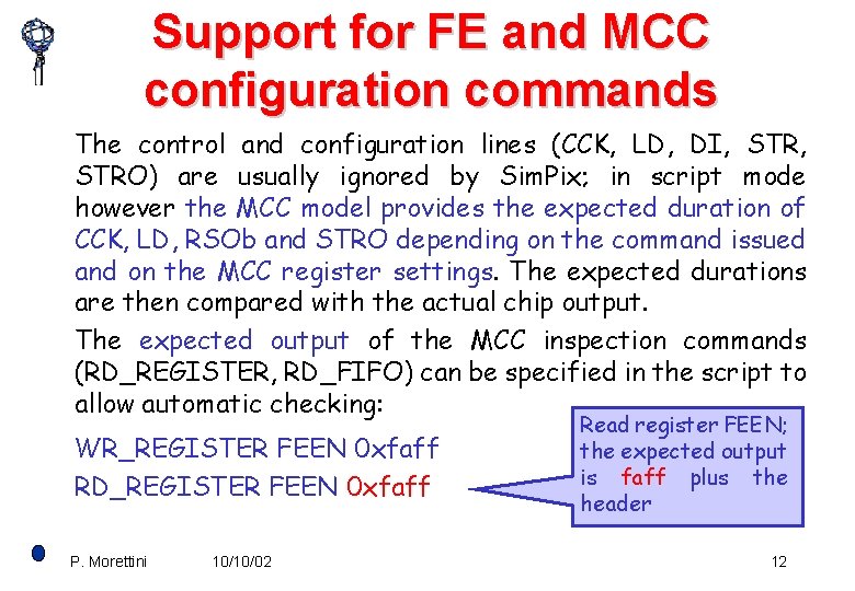 Support for FE and MCC configuration commands The control and configuration lines (CCK, LD,