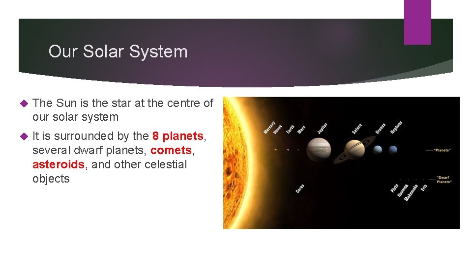 Our Solar System The Sun is the star at the centre of our solar