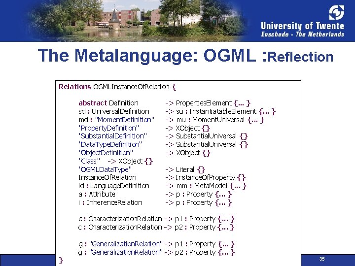 The Metalanguage: OGML : Reflection Relations OGMLInstance. Of. Relation { abstract Definition sd :