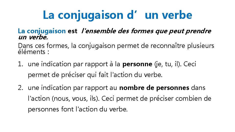 La conjugaison d’un verbe La conjugaison est l'ensemble des formes que peut prendre un