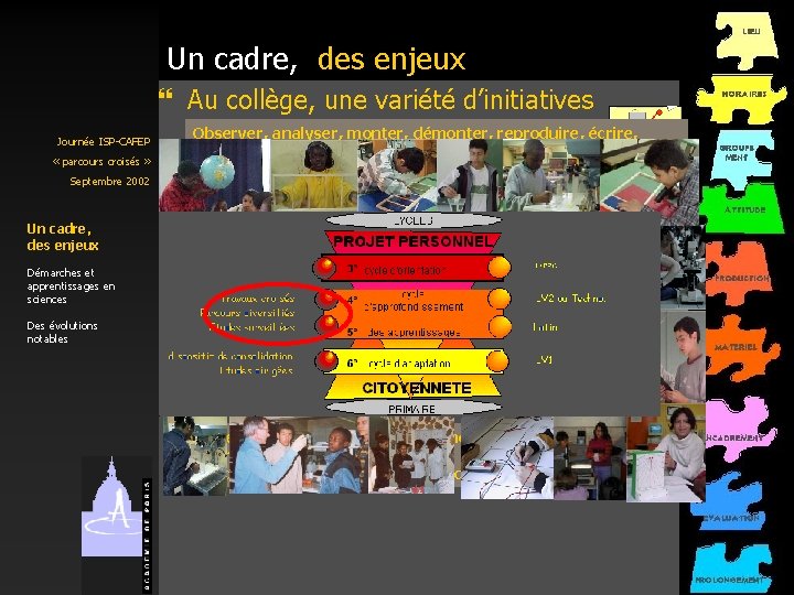 Un cadre, des enjeux } Au collège, une variété d’initiatives Journée ISP-CAFEP « parcours