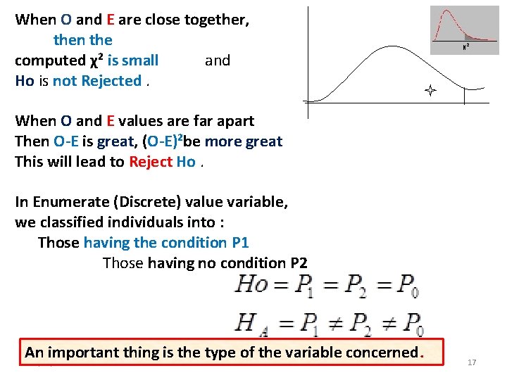 When O and E are close together, then the computed χ² is small and