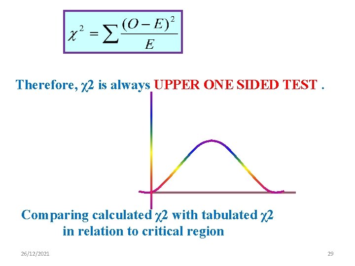 Therefore, χ2 is always UPPER ONE SIDED TEST. Comparing calculated χ2 with tabulated χ2