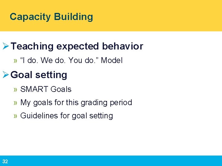 Capacity Building Ø Teaching expected behavior » “I do. We do. You do. ”