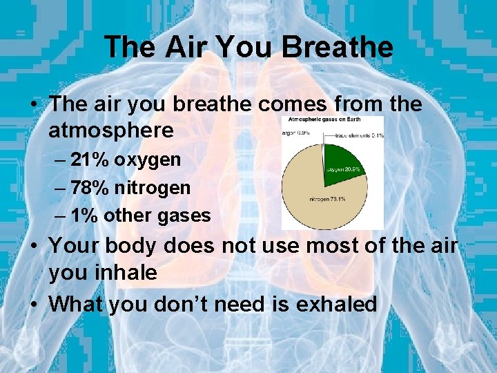 The Air You Breathe • The air you breathe comes from the atmosphere –
