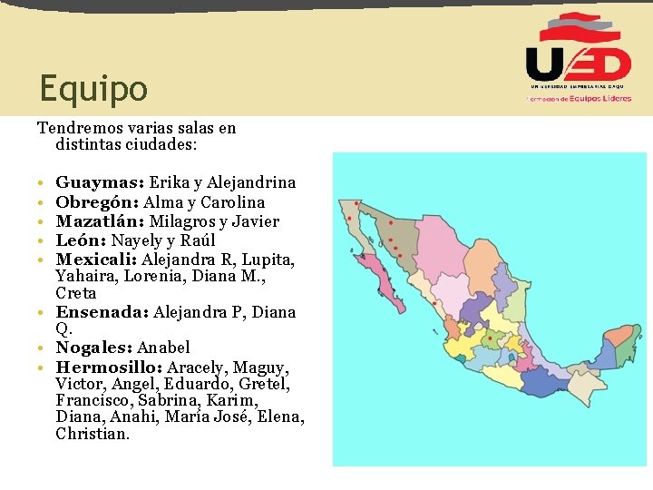 Equipo Tendremos varias salas en distintas ciudades: • • • Guaymas: Erika y Alejandrina