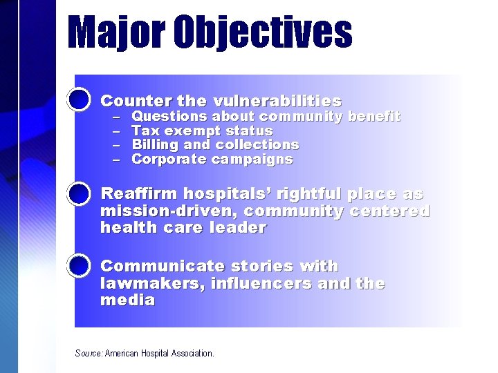 Major Objectives Counter the vulnerabilities – – Questions about community benefit Tax exempt status