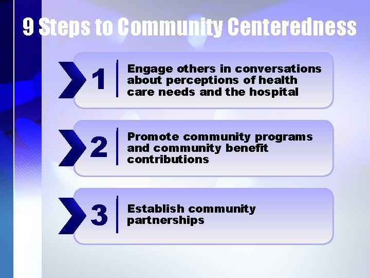 9 Steps to Community Centeredness 1 Engage others in conversations about perceptions of health
