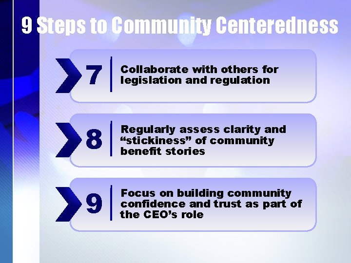 9 Steps to Community Centeredness 7 Collaborate with others for legislation and regulation 8