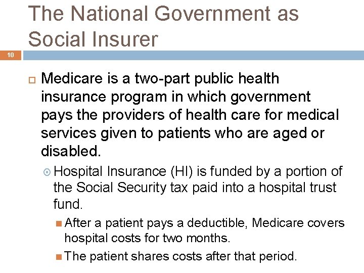 The National Government as Social Insurer 10 Medicare is a two-part public health insurance