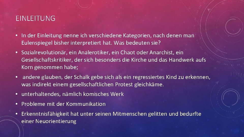 EINLEITUNG • In der Einleitung nenne ich verschiedene Kategorien, nach denen man Eulenspiegel bisher