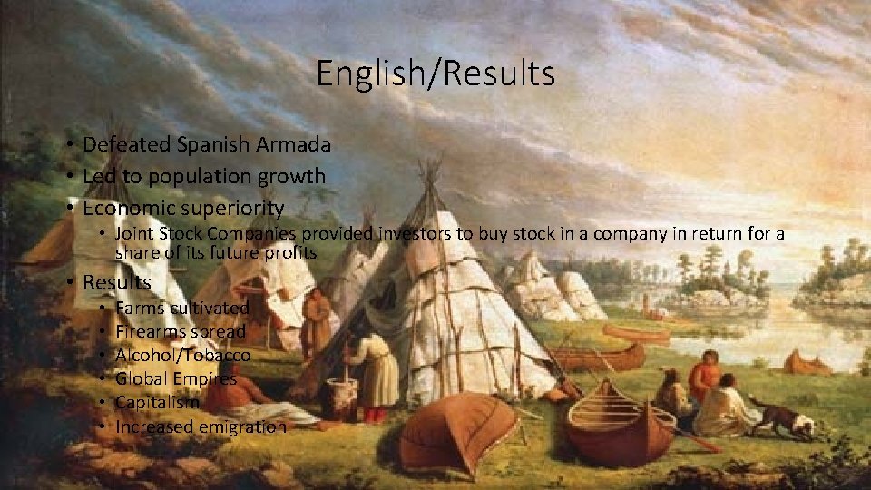 English/Results • Defeated Spanish Armada • Led to population growth • Economic superiority •