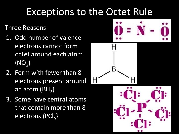 Exceptions to the Octet Rule Three Reasons: 1. Odd number of valence electrons cannot