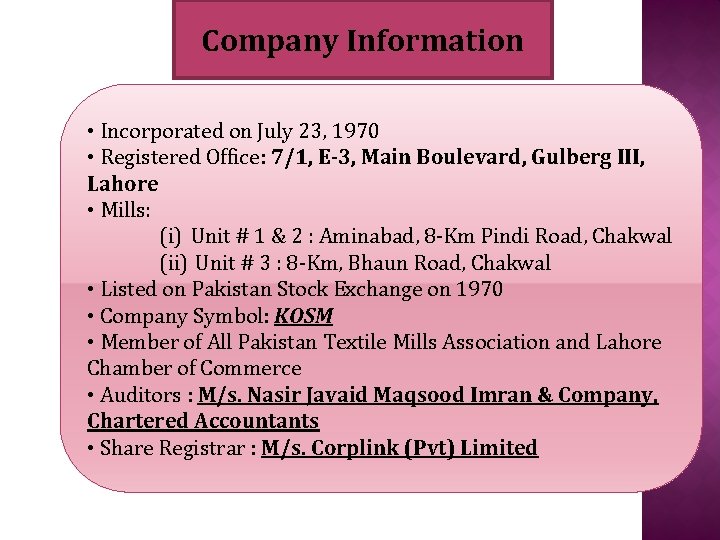 Company Information • Incorporated on July 23, 1970 • Registered Office: 7/1, E-3, Main