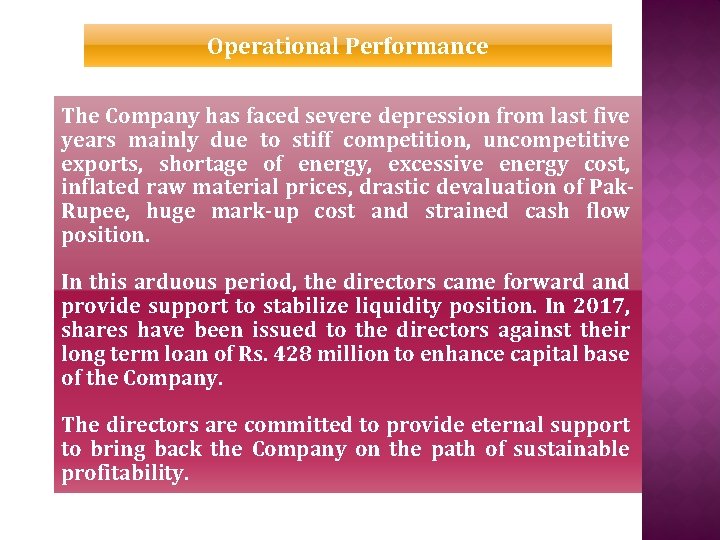 Operational Performance The Company has faced severe depression from last five years mainly due