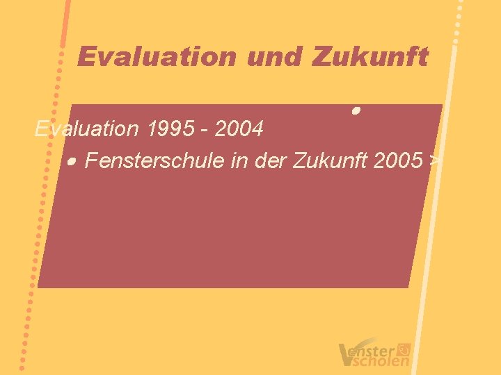 Evaluation und Zukunft Evaluation 1995 - 2004 Fensterschule in der Zukunft 2005 > 