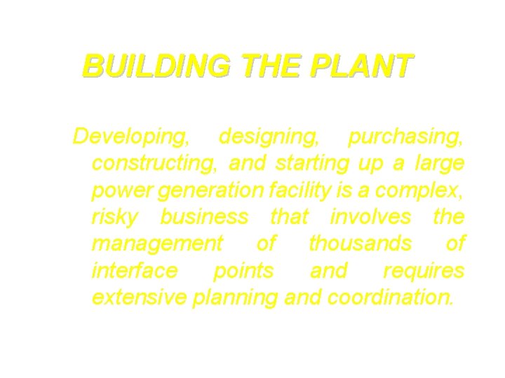 BUILDING THE PLANT Developing, designing, purchasing, constructing, and starting up a large power generation