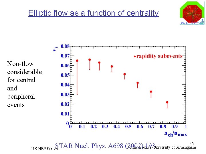 Elliptic flow as a function of centrality Non-flow considerable for central and peripheral events