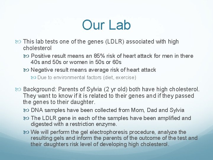 Our Lab This lab tests one of the genes (LDLR) associated with high cholesterol