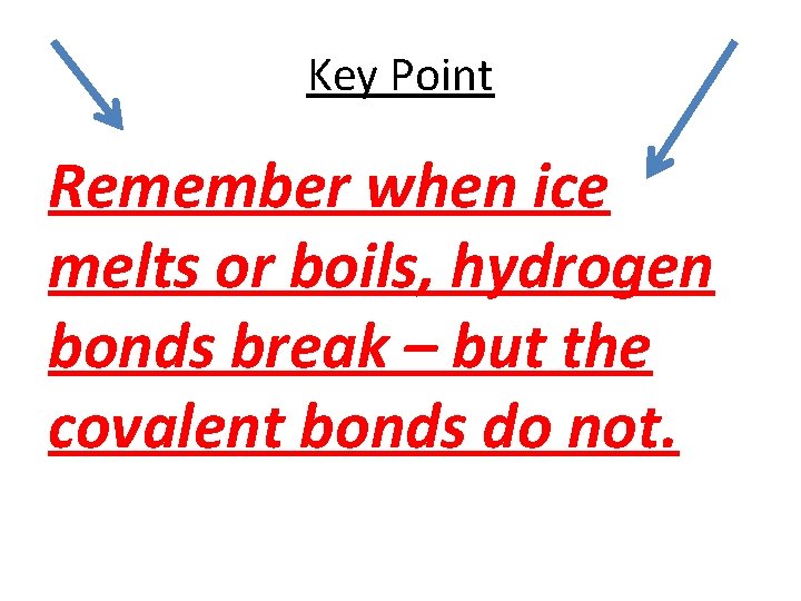 Key Point Remember when ice melts or boils, hydrogen bonds break – but the
