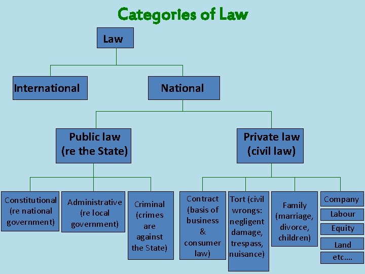 Categories of Law International National Public law (re the State) Constitutional (re national government)