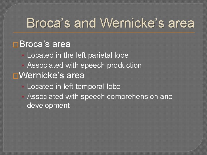 Broca’s and Wernicke’s area �Broca’s area • Located in the left parietal lobe •