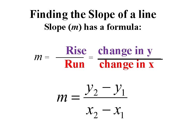 Finding the Slope of a line Slope (m) has a formula: m= Rise change