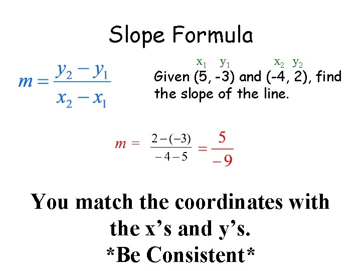 Slope Formula x 1 y 1 x 2 y 2 Given (5, -3) and