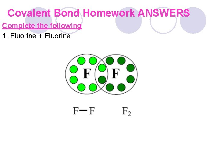 Covalent Bond Homework ANSWERS Complete the following 1. Fluorine + Fluorine 