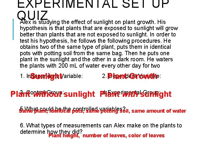 EXPERIMENTAL SET UP QUIZ Alex is studying the effect of sunlight on plant growth.