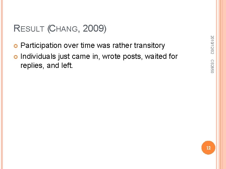 RESULT (CHANG, 2009) 2010/12/02 CS 2650 Participation over time was rather transitory Individuals just