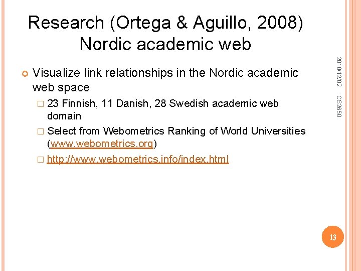 Research (Ortega & Aguillo, 2008) Nordic academic web Visualize link relationships in the Nordic