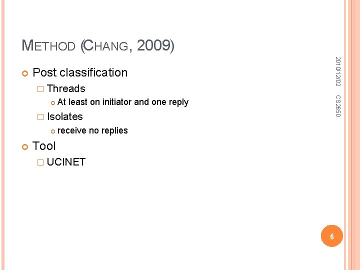 METHOD (CHANG, 2009) 2010/12/02 Post classification � Threads CS 2650 At least on initiator
