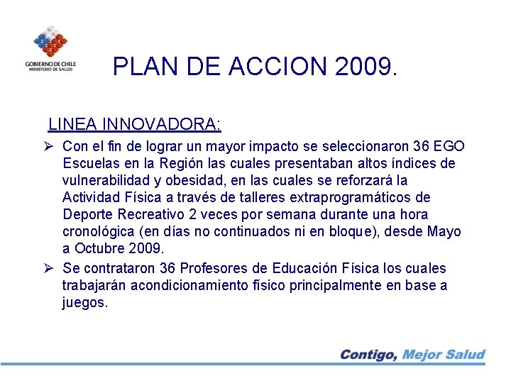 PLAN DE ACCION 2009. LINEA INNOVADORA: Ø Con el fin de lograr un mayor