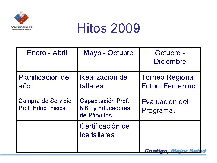 Hitos 2009 Enero - Abril Mayo - Octubre Diciembre Planificación del año. Realización de