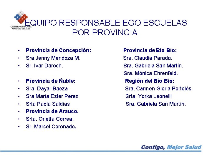 EQUIPO RESPONSABLE EGO ESCUELAS POR PROVINCIA. • • • Provincia de Concepción: Sra. Jenny