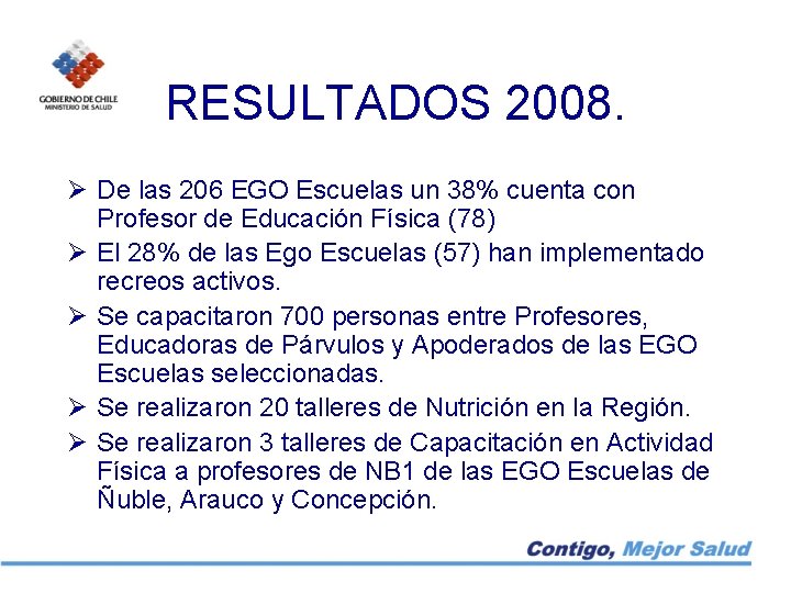 RESULTADOS 2008. Ø De las 206 EGO Escuelas un 38% cuenta con Profesor de