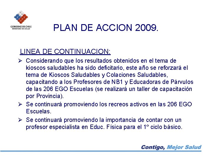 PLAN DE ACCION 2009. LINEA DE CONTINUACION: Ø Considerando que los resultados obtenidos en