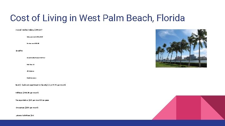 Cost of Living in West Palm Beach, Florida Annual Median Salary: $269, 247 Salary