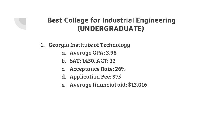 Best College for Industrial Engineering (UNDERGRADUATE) 1. Georgia Institute of Technology a. Average GPA: