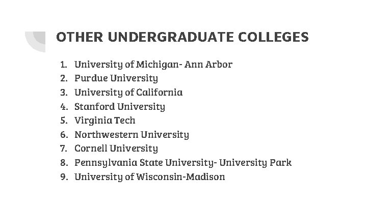 OTHER UNDERGRADUATE COLLEGES 1. 2. 3. 4. 5. 6. 7. 8. 9. University of