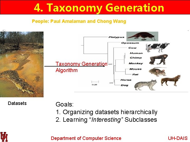 4. Taxonomy Generation People: Paul Amalaman and Chong Wang Taxonomy Generation Algorithm Datasets Goals: