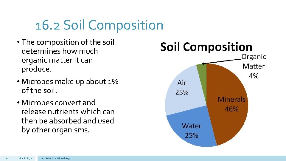 16. 2 Soil Composition • The composition of the soil determines how much organic