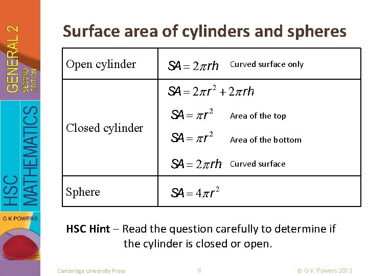 Surface area of cylinders and spheres Open cylinder Curved surface only Area of the