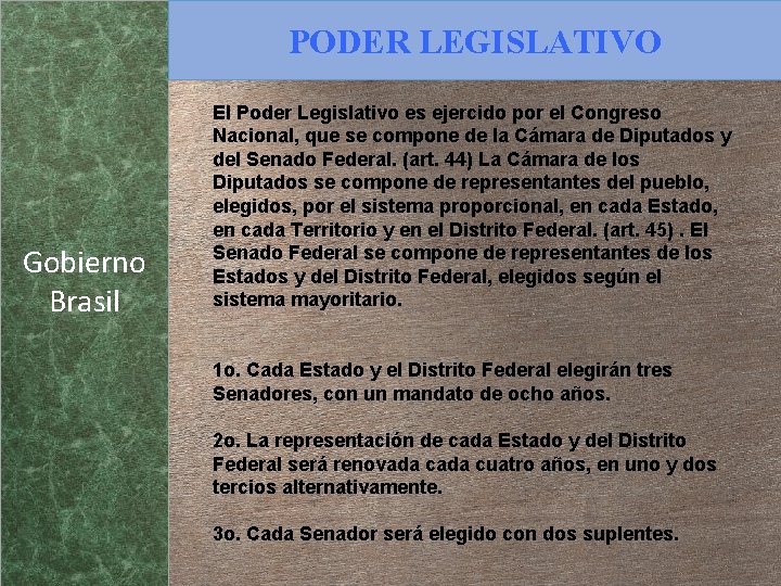 PODER LEGISLATIVO Gobierno Brasil El Poder Legislativo es ejercido por el Congreso Nacional, que