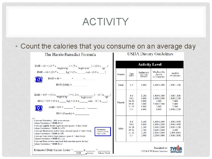 ACTIVITY • Count the calories that you consume on an average day 