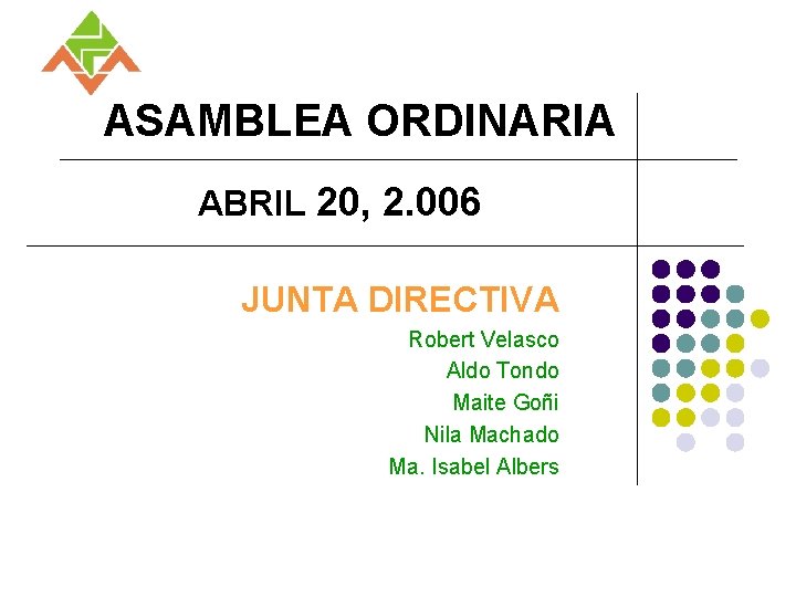 ASAMBLEA ORDINARIA ABRIL 20, 2. 006 JUNTA DIRECTIVA Robert Velasco Aldo Tondo Maite Goñi